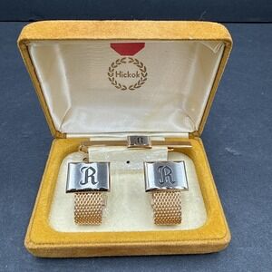 Vintage Hickok Cufflinks Tie Bar Set Gold Tone Mesh Wrap Monogram R w/ Box